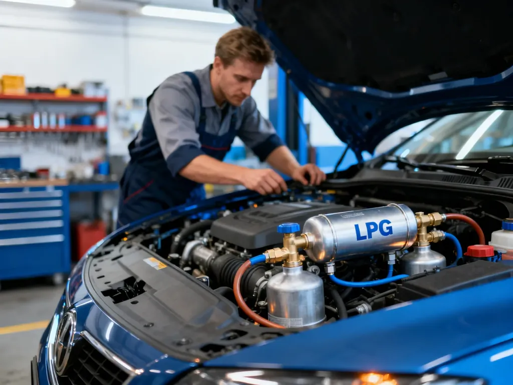Mechanik sprawdza instalację LPG w komorze silnika nowoczesnego samochodu podczas profesjonalnego przeglądu technicznego.