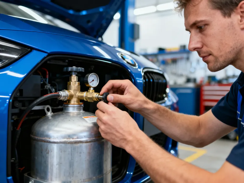Mechanik dokonuje profesjonalnego przeglądu technicznego zbiornika LPG w samochodzie w nowoczesnym warsztacie.