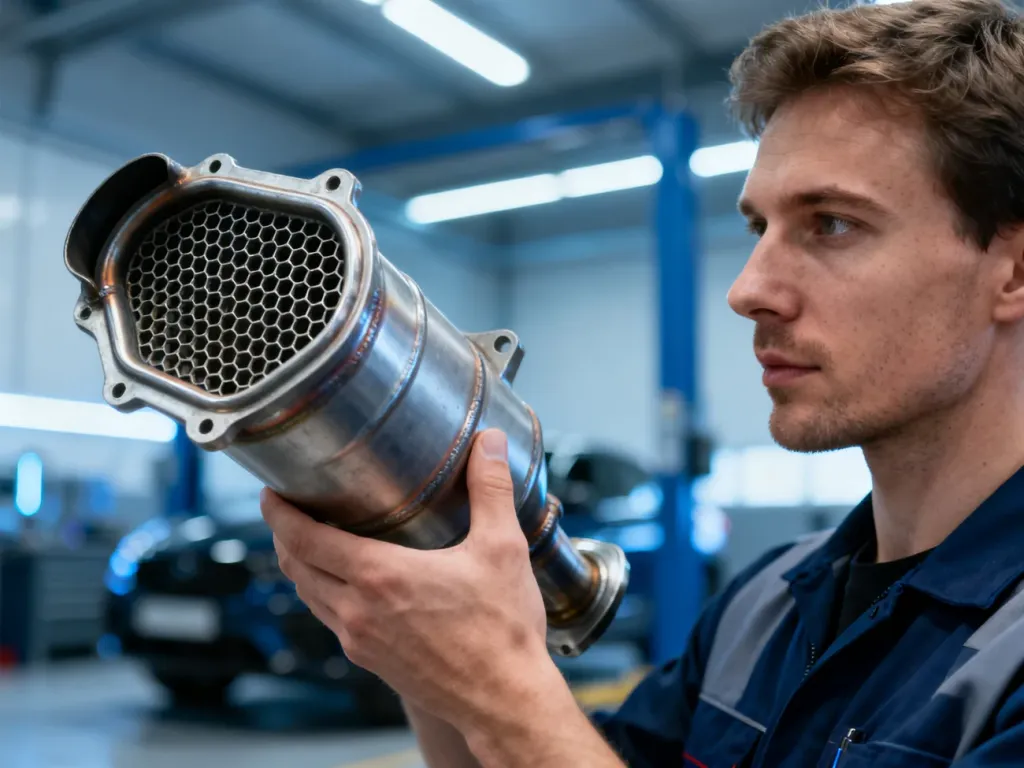 Mechanik w nowoczesnym warsztacie ogląda katalizator samochodowy, sprawdzając jego stan techniczny.