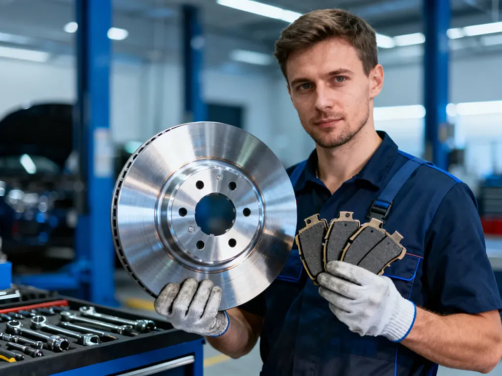 Mechanik w rękawicach roboczych trzyma nową tarczę hamulcową i klocki w profesjonalnym warsztacie samochodowym.