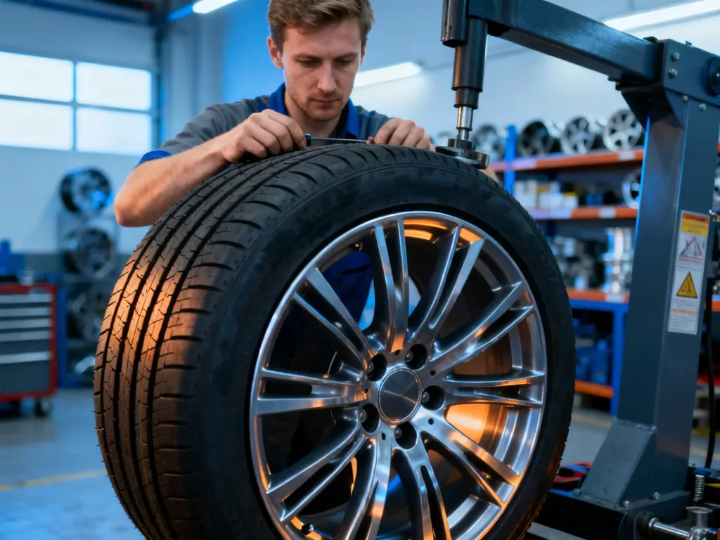 Mechanik precyzyjnie montuje oponę na aluminiowej feldze w profesjonalnym warsztacie samochodowym.