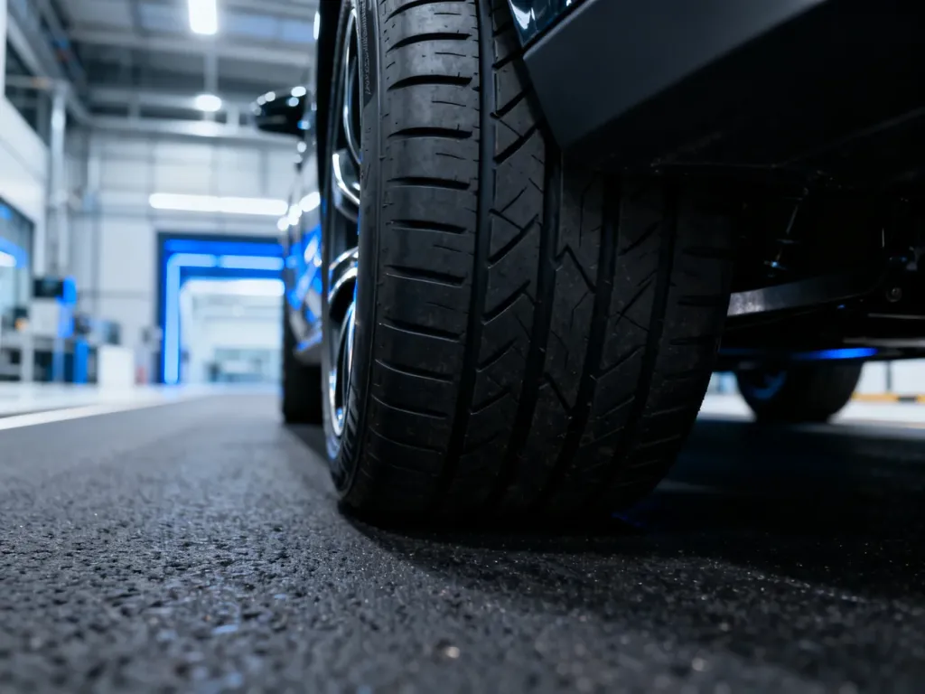 Zbliżenie na bieżnik opony marki Kumho na asfalcie, podkreślające precyzję wykonania i nowoczesną technologię produkcji.