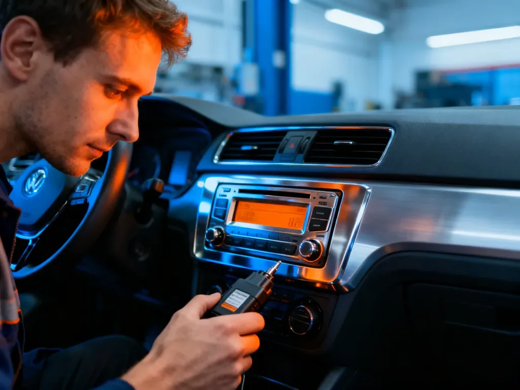 Mechanik używa urządzenia diagnostycznego przy radiu samochodowym Ford 6000CD w nowoczesnym warsztacie.