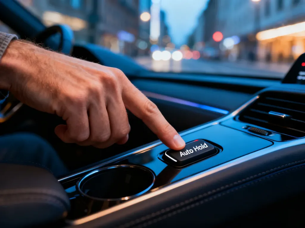Dłoń kierowcy naciskająca przycisk systemu Auto Hold na konsoli środkowej nowoczesnego samochodu.
