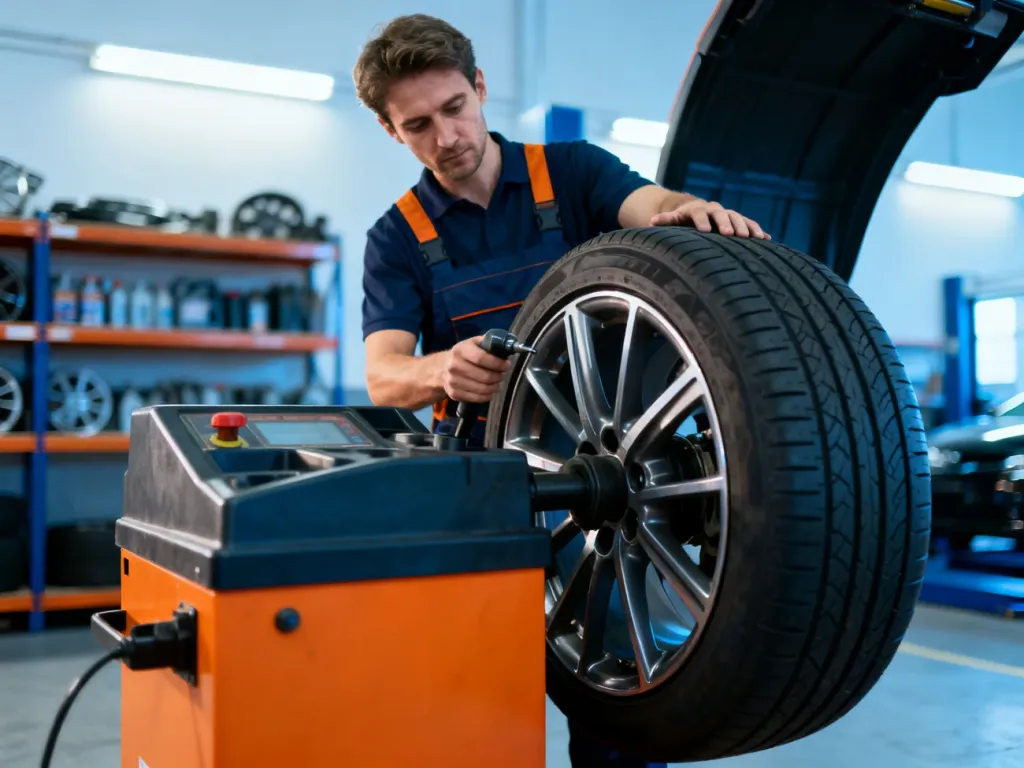 Mechanik wykonuje profesjonalne wyważanie koła samochodowego na nowoczesnej wyważarce w warsztacie.