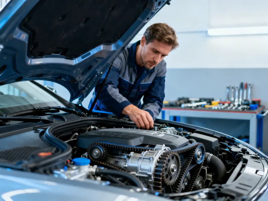 Mechanik podczas wymiany paska rozrządu w silniku samochodu w profesjonalnym warsztacie.