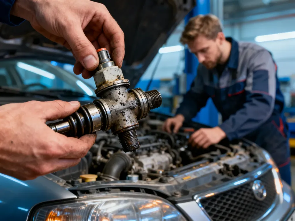Mechanik trzymający zużyty czujnik położenia wału korbowego na tle otwartej komory silnika samochodu.